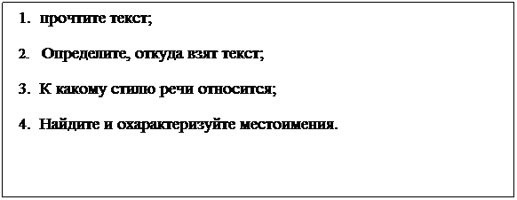 Подпись:                                        План исследования:
1.     прочтите текст;
2.       Определите, откуда взят текст;
3.     К какому стилю речи относится;
4.     Найдите и охарактеризуйте местоимения.
